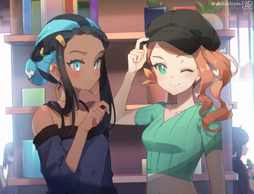 3girls, aqua_eyes, asymmetrical_bangs, asymmetrical_hair, bag, bangs, between_breasts, black_hair