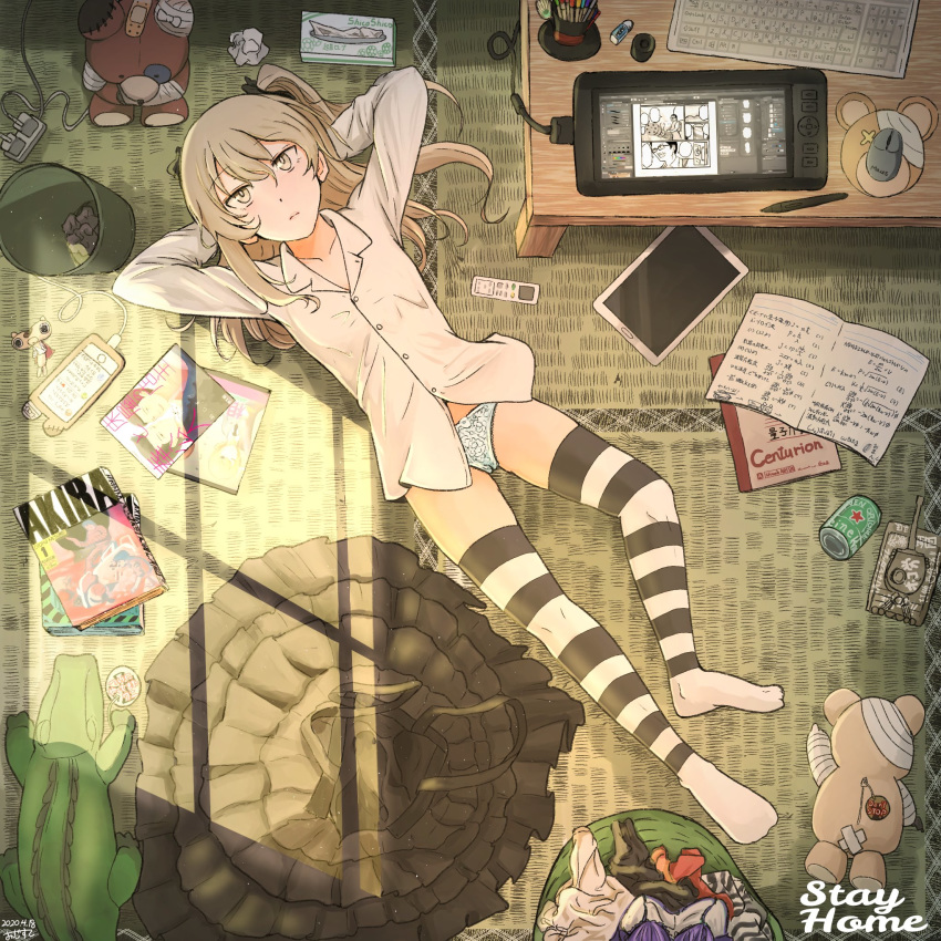 1girl, bandages, bangs, boko_(girls_und_panzer), brown_eyes, brown_hair, can, clothes_removed