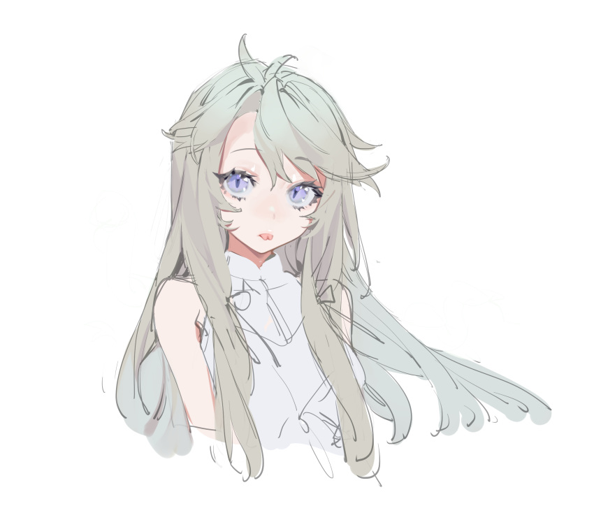 1girl, bare_shoulders, dress, eyelashes, floating_hair, forked_tongue, grey_hair, herme_(ohisashiburi)