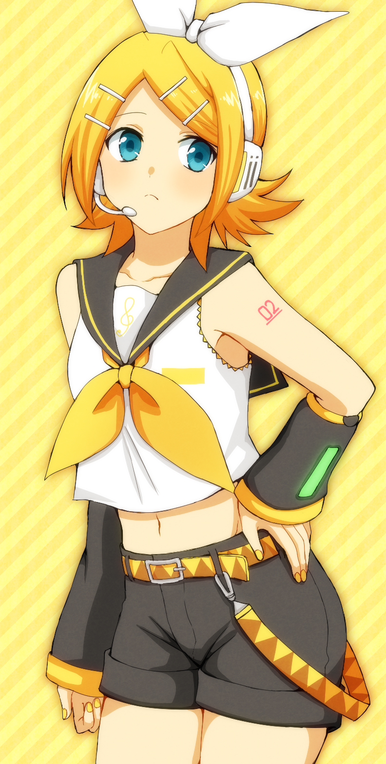 1girl, :<, aqua_eyes, bare_shoulders, blonde_hair, blue_eyes, bow, collarbone, detached_sleeves, hair_bow, hair_ornament, hairclip, hand_on_hip, headphones, headset, highres, kagamine_rin, koroni_(nkrgs), leg_warmers, looking_at_viewer, midriff, navel, number_tattoo, sailor_collar, shirt, shorts, shoulder_tattoo, sleeveless, sleeveless_shirt, solo, tattoo, treble_clef, vocaloid, yellow_nails, yellow_neckwear