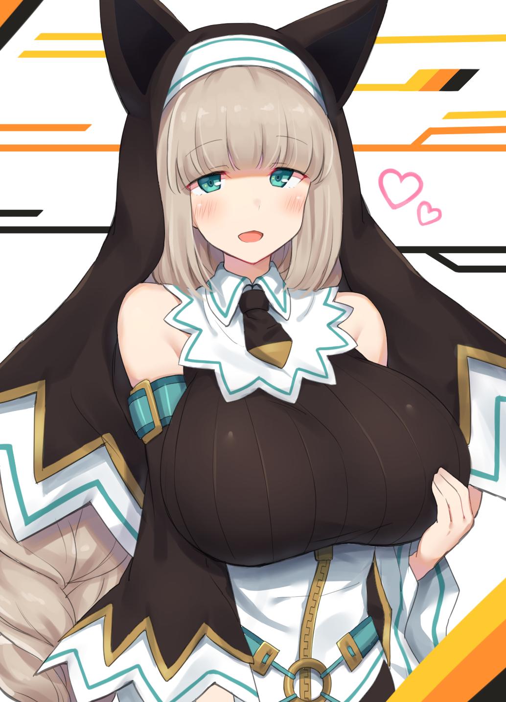 1girl, animal_ears, bangs, bare_shoulders, blush, bombergirl, breasts, brown_hair