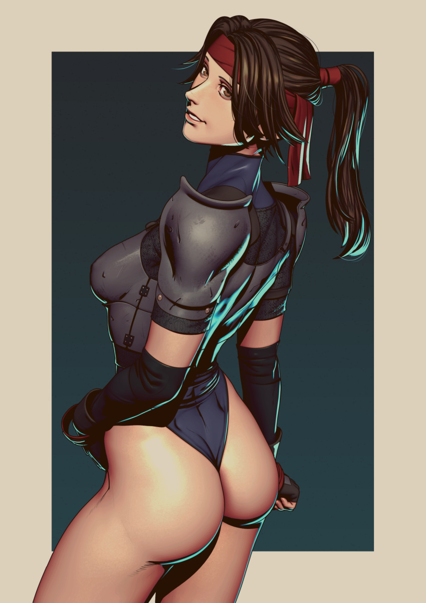 1girl, armor, ass, blue_leotard, boobplate, breastplate, brown_hair, elbow_gloves, final_fantasy, final_fantasy_vii, final_fantasy_vii_remake, fingerless_gloves, gloves, headband, highleg, highleg_leotard, highres, jessie_(ff7), john_doe, leotard, looking_at_viewer, looking_back, no_pants, parted_lips, ponytail, red_headband, shoulder_armor, smile, solo