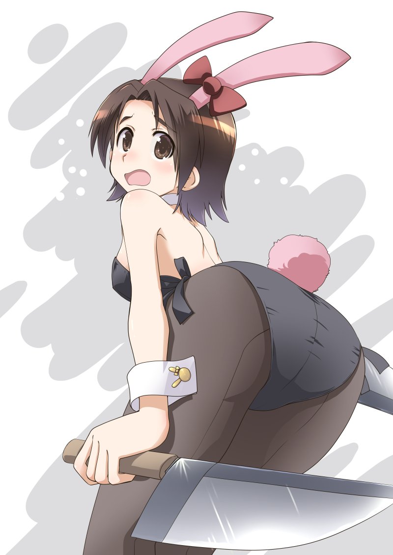 1girl, animal_ears, ass, back, backless_leotard, bangs, black_legwear, black_leotard
