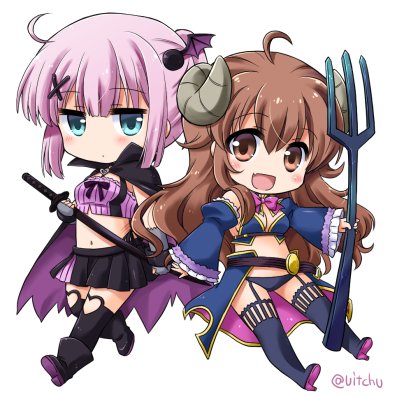 2girls, ahoge, bangs, bare_shoulders, brown_eyes, brown_hair, chiyoda_momo, demon_girl