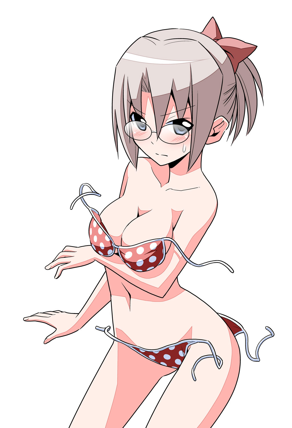 1girl, bikini, blush, bow, breasts, brown_hair, commentary_request, glasses
