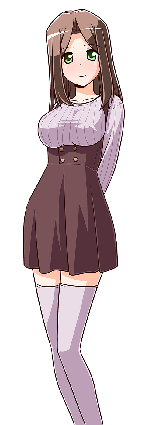 1girl, arms_behind_back, breasts, brown_hair, commentary_request, feet_out_of_frame, green_eyes, hata_kenjirou