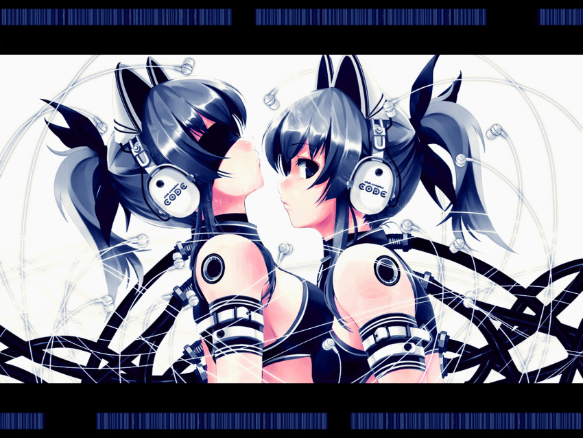 blindfold, blue_eyes, blue_hair, cat_ears, cradle_(artist), earbuds, earphones, exit_trance, headphones, highres, misaki_kurehito, ponytail
