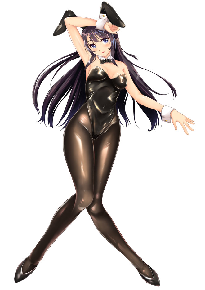 1girl, animal_ears, bad_anatomy, black_legwear, black_leotard, black_neckwear, bow, bowtie, bunny_girl, bunny_hair_ornament, bunnysuit, collar, commentary_request, detached_collar, fake_animal_ears, full_body, hair_ornament, knees_together, leotard, looking_at_viewer, lying, pantyhose, rabbit_ears, sakurajima_mai, seishun_buta_yarou, simple_background, solo, strapless, strapless_leotard, suzuka_sakito, white_background, white_collar, wrist_cuffs