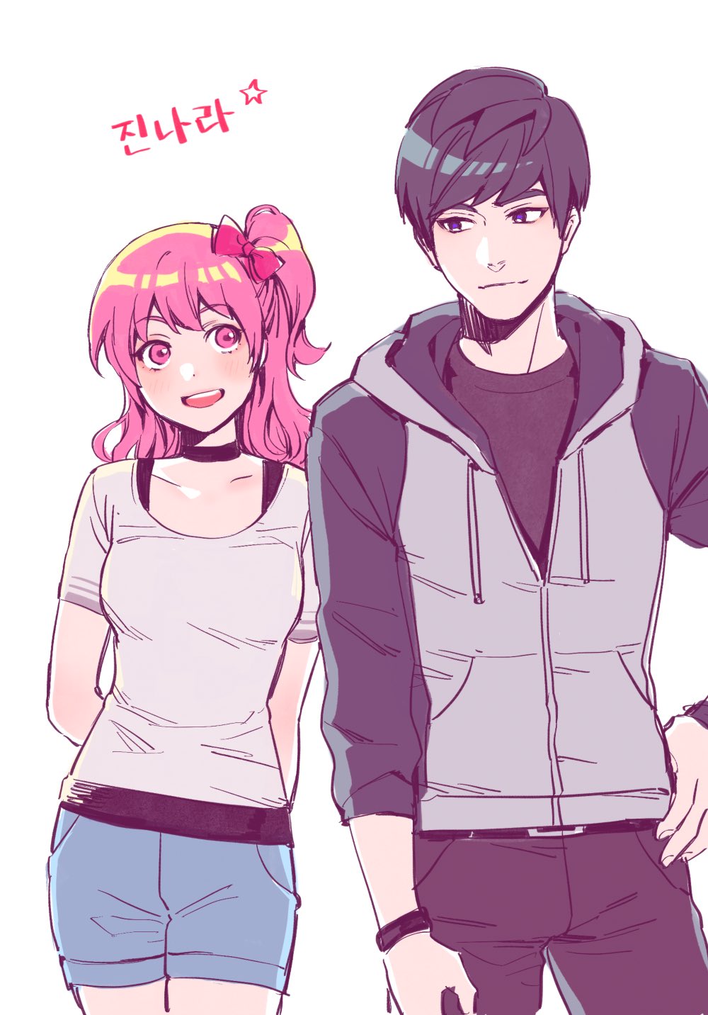 1boy, 1girl, arms_behind_back, belt, black_eyes, black_hair, bow, bracelet