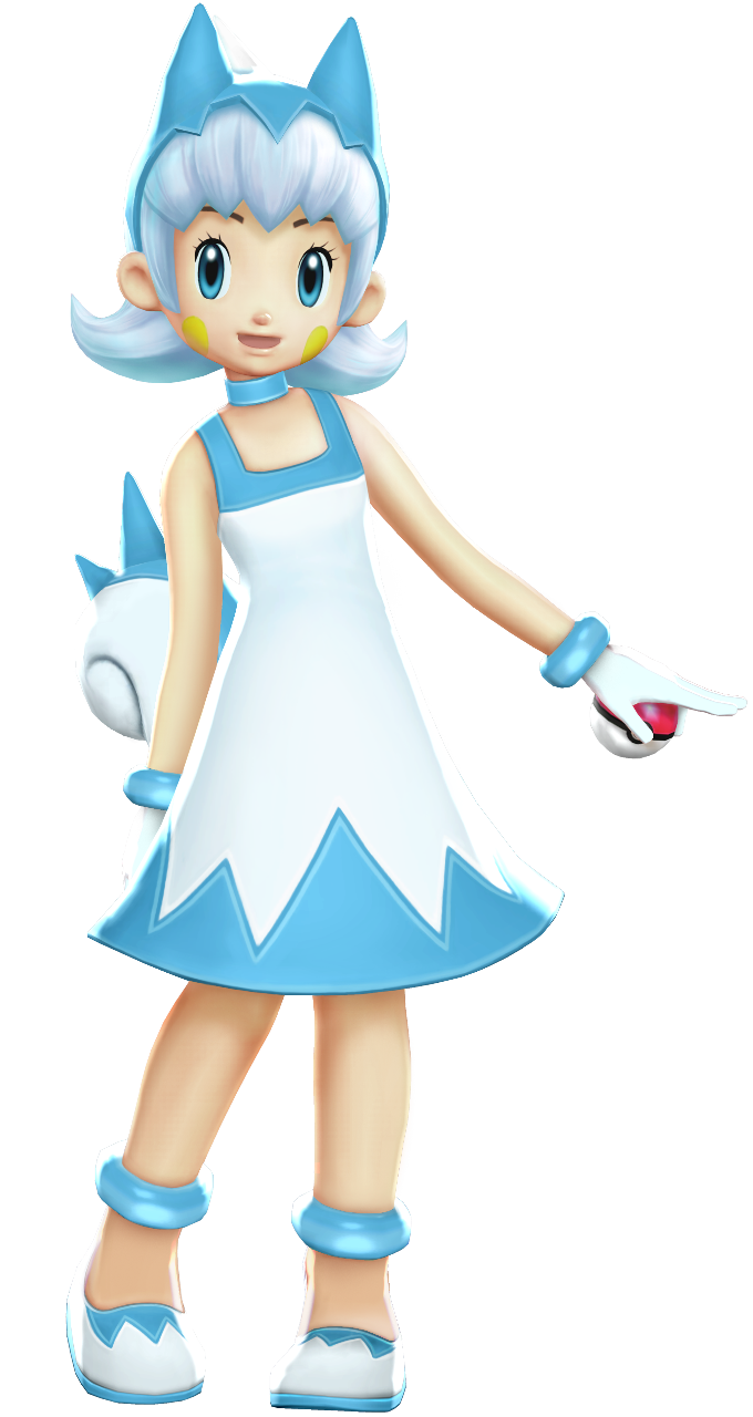 1girl, anklet, artist_request, blue_eyes, child, cosplay, flat_chest, full_body, highres, holding, holding_poke_ball, jewelry, looking_at_viewer, official_art, pachirisu, pachirisu_(cosplay), pachirisu_ears, pachirisu_tail, poke_ball, poke_ball_(generic), pokemon_battle_revolution, pokemon_ears, pokemon_tail, shoes, short_hair, solo, standing, tail_(pokemon), transparent_background, white_footwear, white_hair