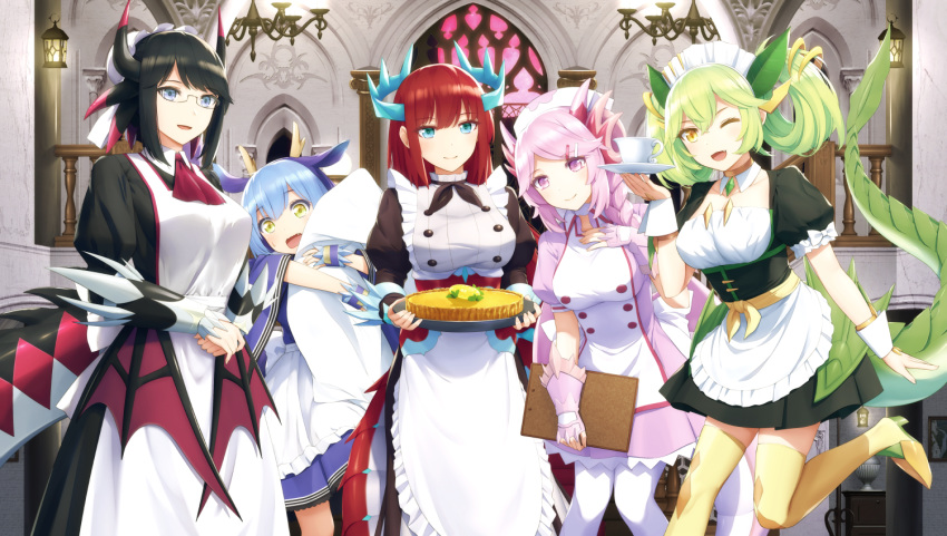 5girls, :d, ;d, animal_ears, apron, ascot, back_bow, bangs, black_dress, black_hair, black_horns, black_tail, blue_eyes, blue_hair, blue_horns, blue_kimono, blush, bow, braid, breasts, brown_choker, brown_neckwear, bun_cover, buttons, cake, chandelier, choker, clipboard, collarbone, collared_dress, commentary_request, cowboy_shot, cup, detached_collar, dragon_ears, dragon_girl, dragon_horns, dragon_tail, dragon_wings, dragonmaid_hausky, dragonmaid_laudry, dragonmaid_nasary, dragonmaid_parla, dragonmaid_tillroo, dress, duel_monster, eyebrows_visible_through_hair, fang, food, frilled_apron, frills, gauntlets, glasses, green_hair, green_horns, green_sash, green_tail, green_wings, hair_between_eyes, hair_bun, hair_ornament, hair_over_shoulder, hair_rings, hairclip, hand_on_own_chest, haribote_(tarao), hat, high_heels, holding, holding_clipboard, holding_plate, holding_sheet, holding_tray, horns, indoors, japanese_clothes, kimono, knees_together_feet_apart, lantern, large_breasts, long_dress, long_hair, long_sleeves, looking_at_viewer, maid, maid_apron, maid_dress, maid_headdress, mansion, multicolored_hair, multiple_girls, neckerchief, nurse_cap, one_eye_closed, open_mouth, own_hands_together, pantyhose, pink_dress, pink_eyes, pink_hair, pink_horns, pink_wings, plate, puffy_long_sleeves, puffy_short_sleeves, puffy_sleeves, railing, red_neckwear, red_tail, redhead, sash, short_dress, short_kimono, short_sleeves, sidelocks, single_braid, smile, stained_glass, stairs, standing, standing_on_one_leg, sweatdrop, tail, teacup, thigh-highs, tray, twintails, two-tone_hair, wa_maid, waist_apron, white_apron, white_legwear, wide_sleeves, wings, wrist_cuffs, yellow_eyes, yellow_horns, yellow_legwear, yuu-gi-ou, zettai_ryouiki
