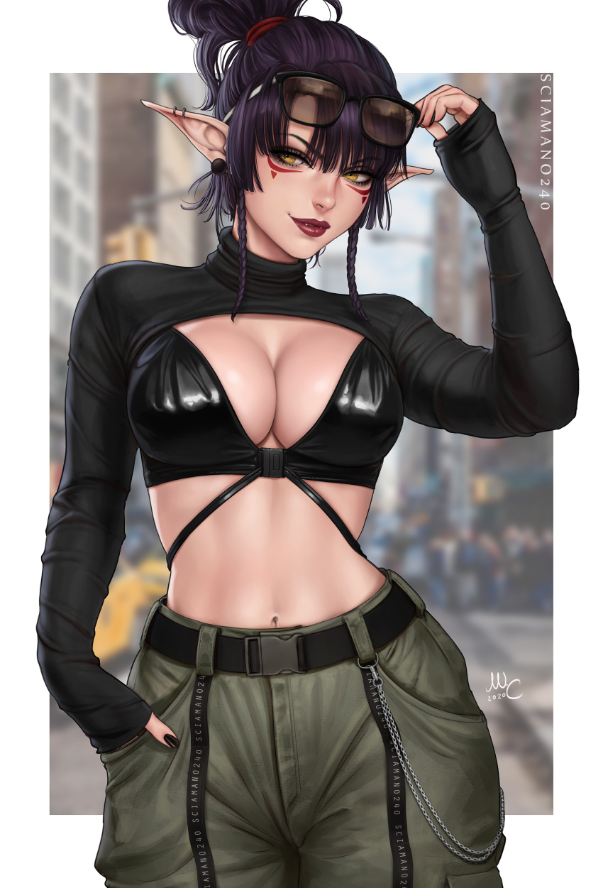 1girl, absurdres, artist_name, bangs, belt, black_hair, black_nails, blurry, blurry_background, breasts, commentary, dated, ear_piercing, earrings, eyebrows_visible_through_hair, eyewear_on_head, fang, hair_ornament, highres, jewelry, large_breasts, long_hair, long_sleeves, looking_at_viewer, navel, original, paid_reward, patreon_reward, piercing, pointy_ears, ponytail, red_lips, sciamano240, sunglasses, valerie_(sciamano240), yellow_eyes