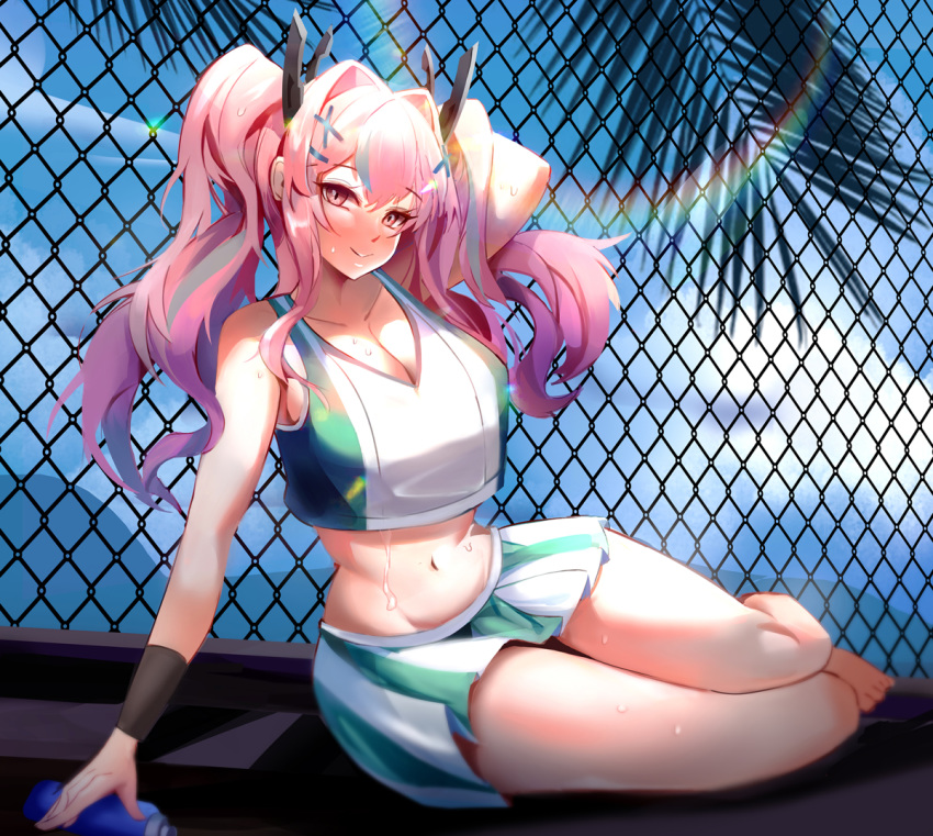 1girl, azur_lane, bangs, bare_shoulders, blue_sky, blush, bottle, breasts