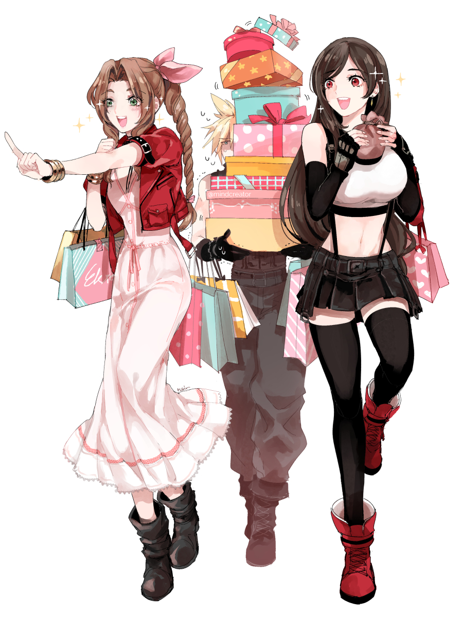 1boy, 2girls, :d, aerith_gainsborough, bag, blonde_hair, blush, boots
