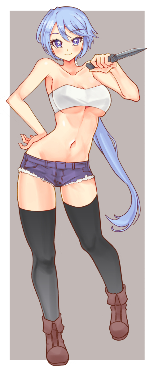1girl, amasaki_ryouko, blue_eyes, blue_hair, blue_shorts, breasts, cracklecradle, denim