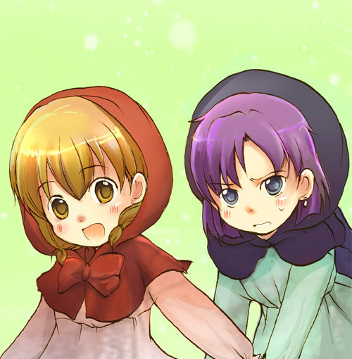 akazukin_chacha, blush, chacha, hood, mathnote, multiple_girls, purple_hair, yakko