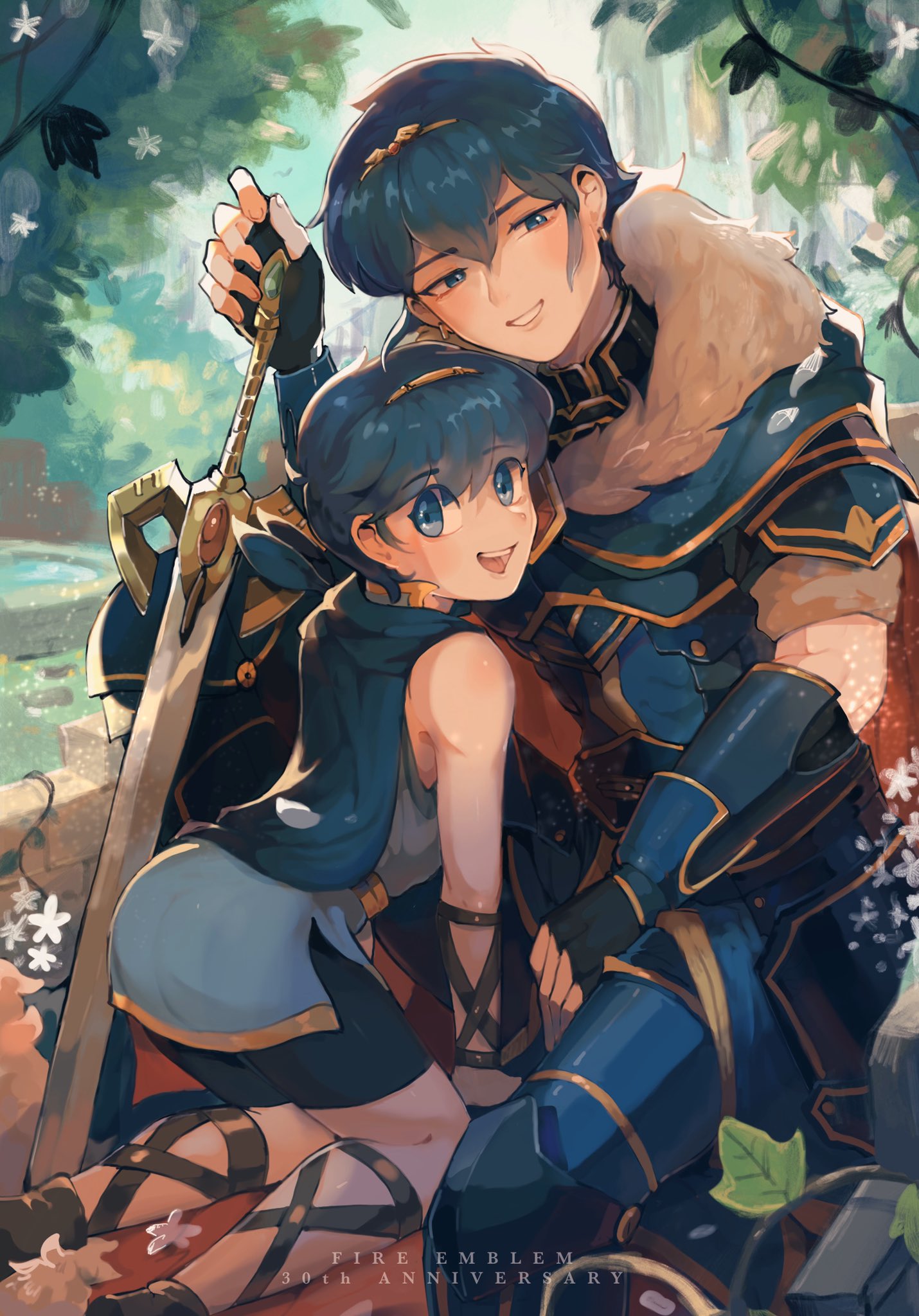 2boys, all_fours, anniversary, armor, bii_(chigonez), bike_shorts, black_shorts, blue_cape