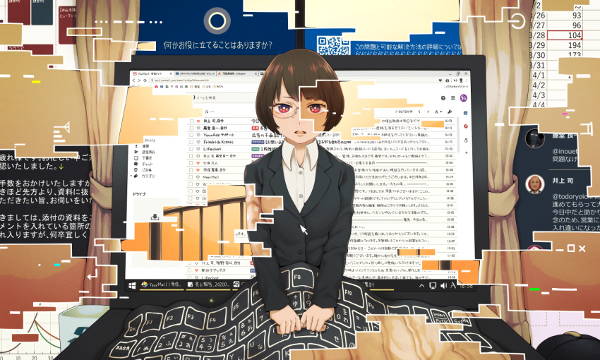 1girl, bed_sheet, blue_screen_of_death, brown_hair, commentary, computer, formal, glasses