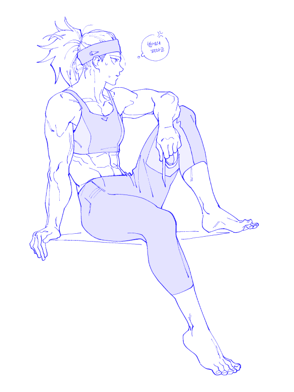 1girl, androgynous, arm_support, barefoot, blue_theme, gyeoggi_3_ban, monochrome, muscle