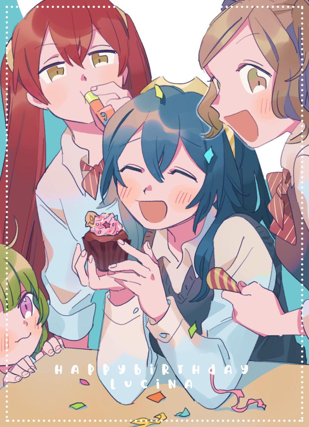 4girls, ahoge, alternate_costume, birthday, blue_hair, blush, bow, brown_eyes