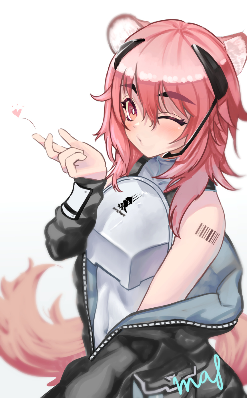 1girl, animal_ears, arknights, armor, barcode, barcode_tattoo, black_jacket, blown_kiss