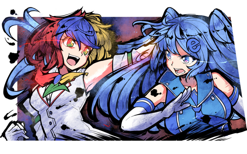 2girls, bare_shoulders, blonde_hair, blue_eyes, blue_hair, breasts, carillus, collarbone