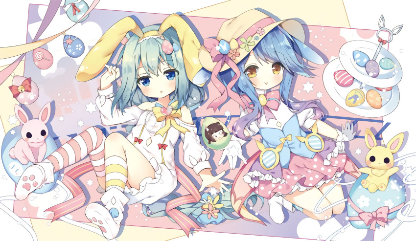 2girls, :p, animal_ears, arm_up, azur_lane, blue_eyes, blue_hair, blue_shirt