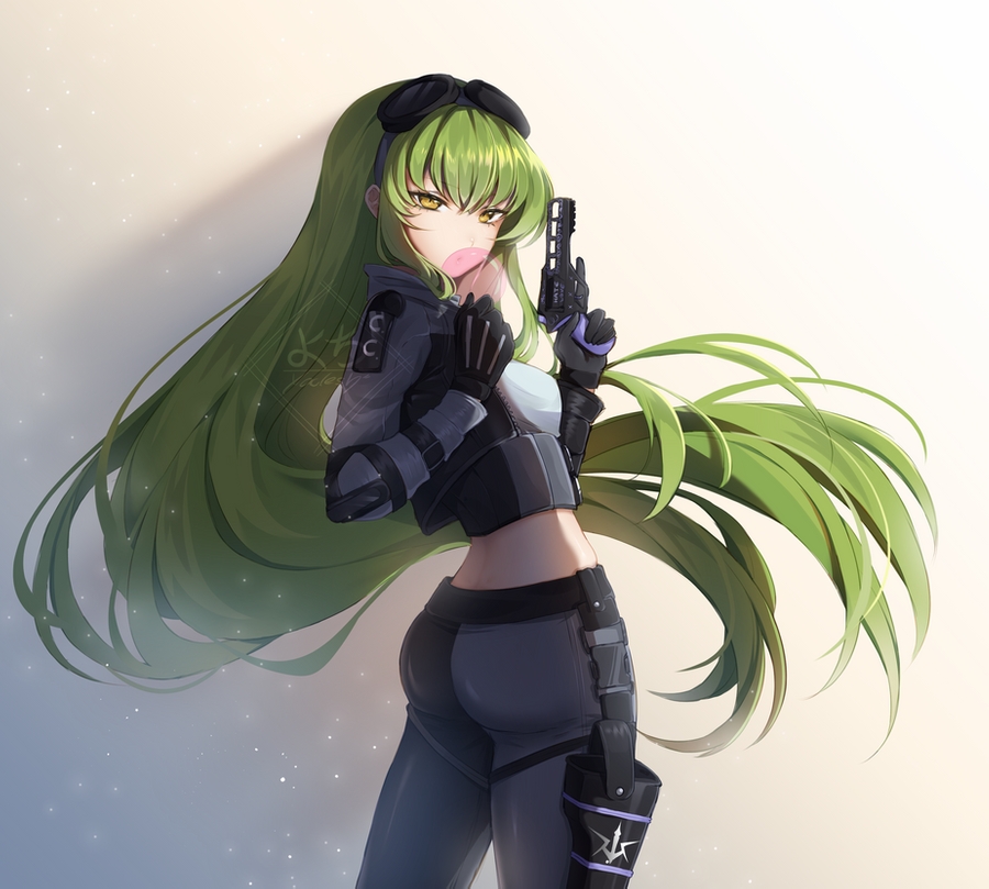 1girl, ass, bangs, black_gloves, breasts, bubble_blowing, c.c., chewing_gum