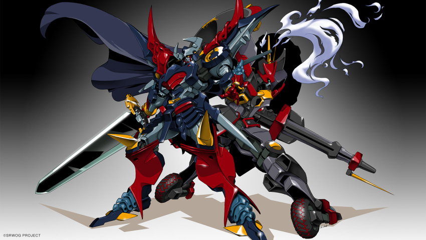 armor, aussenseiter, back-to-back, breasts, cape, copyright_name, dygenguar, gradient