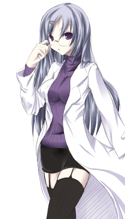 1girl, adjusting_eyewear, black_skirt, breasts, commentary, garter_straps, glasses, hayate_no_gotoku!, labcoat, looking_at_viewer, makimura_shiori, medium_breasts, niyadepa, ribbed_sweater, silver_hair, simple_background, skirt, solo, sweater, violet_eyes, white_background
