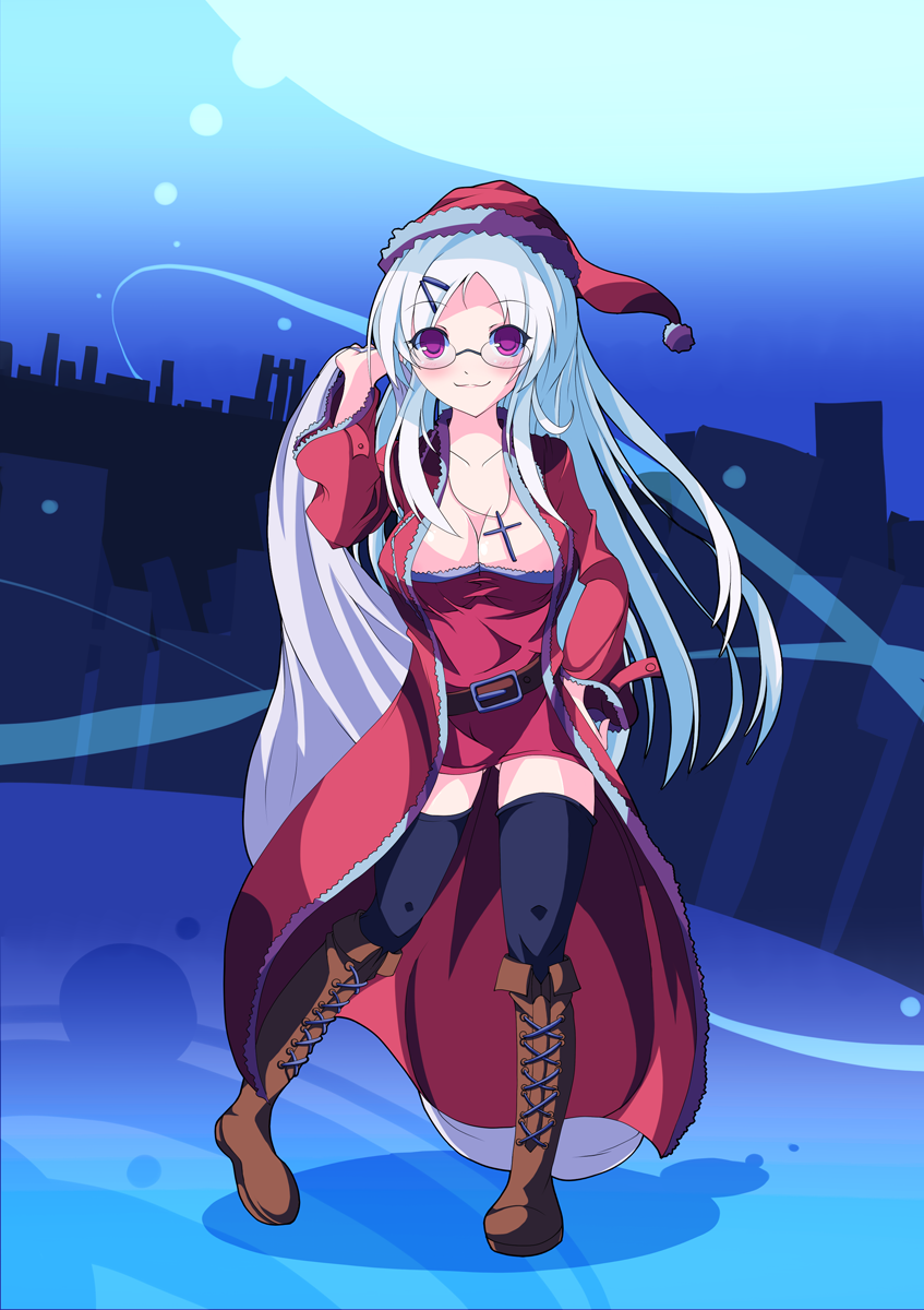 1girl, breasts, christmas, commentary_request, cross, cross_necklace, dress, glasses
