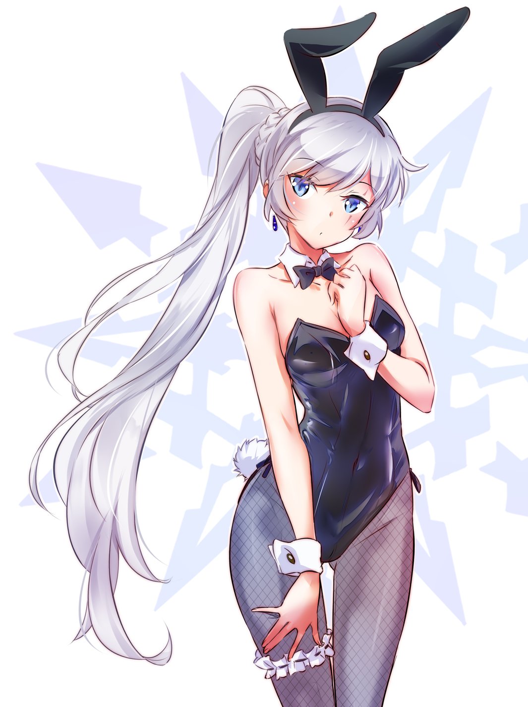 1girl, :o, =o, animal_ears, arm_between_breasts, bare_shoulders, black_legwear, black_leotard