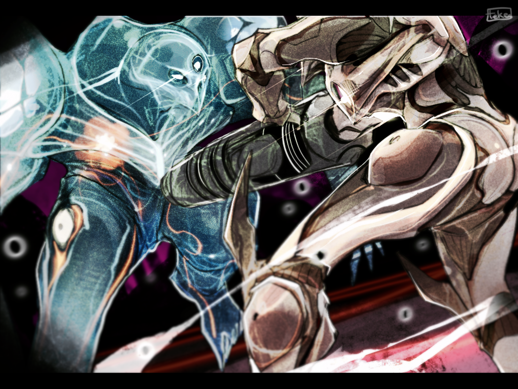 1girl, arm_cannon, claws, dark_samus, fighting, light_suit, looking_at_another, metroid