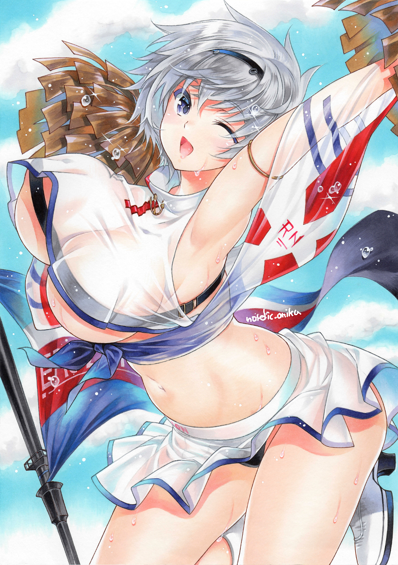 1girl, ;d, anchor_symbol, armlet, armpits, arms_up, azur_lane, bangs, bare_legs, bare_shoulders, beltbra, black_hairband, black_panties, blue_sky, blush, boots, bouncing_breasts, breasts, cheerleader, clouds, commentary_request, cowboy_shot, crop_top, crop_top_overhang, day, eyebrows_visible_through_hair, flag, grey_hair, groin, hair_between_eyes, hairband, high_heel_boots, high_heels, holding_pom_poms, jumping, large_breasts, looking_at_viewer, midriff, miniskirt, navel, nordic_niku, one_eye_closed, open_mouth, panties, pantyshot, pom_poms, purple_sash, reno_(azur_lane), reno_(biggest_little_cheerleader)_(azur_lane), sash, see-through, see-through_skirt, see-through_sleeves, sheer_clothes, shirt, short_hair, sidelocks, signature, skirt, sky, sleeveless, smile, solo, sweat, under_boob, underwear, violet_eyes, water_drop, white_footwear