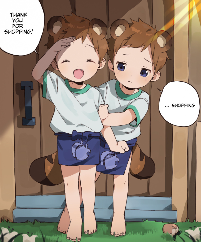2boys, 3:, animal_crossing, animal_ears, apron, arm_grab, barefoot, blue_eyes, brown_hair, closed_eyes, doubutsu_no_mori, english_text, extra_ears, fang, feet, full_body, gijinka, highres, male_focus, mamekichi_(doubutsu_no_mori), multiple_boys, nintendo, nintendo_ead, personification, raccoon_ears, raccoon_tail, salute, shy, smile, tail, thebrushking, timmy_nook, tommy_nook, tsubukichi_(doubutsu_no_mori), waist_apron