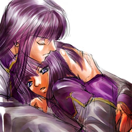 cousins, crossempire, fire_emblem:_seisen_no_keifu, fire_emblem_genealogy_of_the_holy_war, hug, lakche, lakche_(fire_emblem), lowres, purple_eyes, purple_hair, shanan, shanan_(fire_emblem), short_hair, tsukimichi_sawatari, violet_eyes