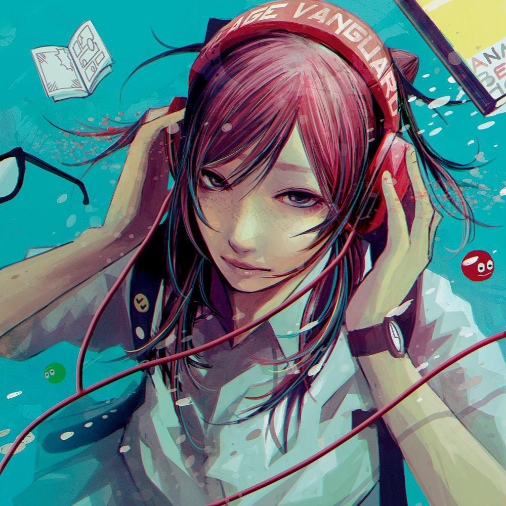 1girl, closed_mouth, collared_shirt, freckles, from_above, hands_on_own_head, headphones, long_hair