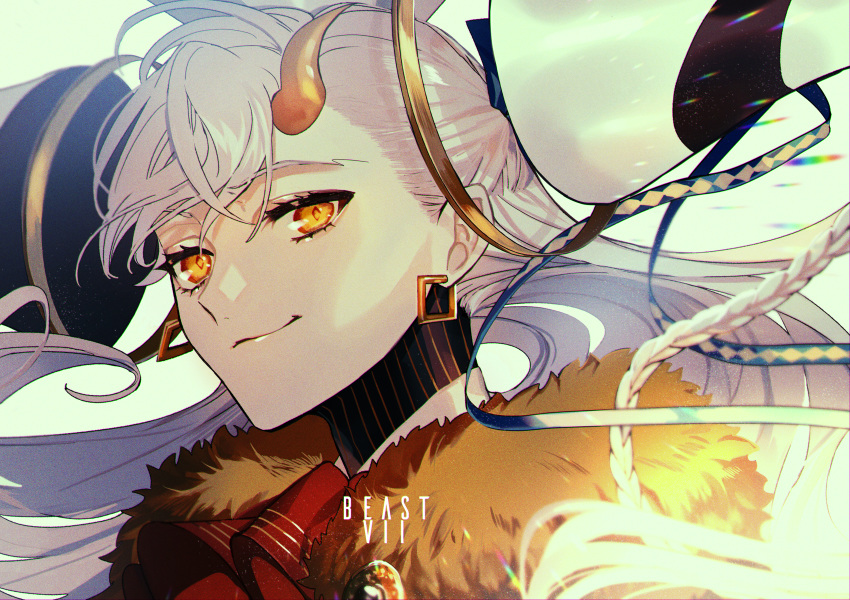 1girl, absurdres, albino_(a1b1n0623), blonde_hair, braid, earrings, face, fate/grand_order, fate_(series), floating, floating_object, fur_collar, hair_ornament, hair_ribbon, highres, horn, huge_filesize, jewelry, long_braid, long_hair, looking_at_viewer, olga_marie_animusphere, ribbon, smile, spoilers, u-olga_marie, white_hair, yellow_eyes