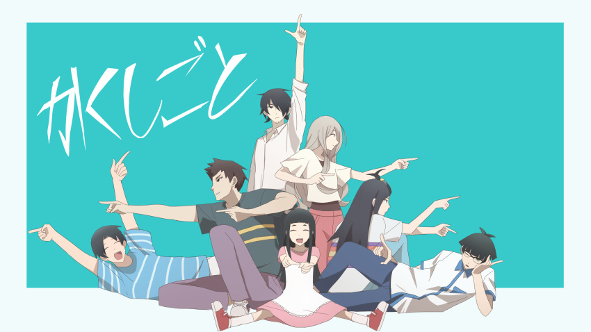 3girls, 4boys, :d, ahoge, black_hair, blue_background, blue_pants, blue_shirt