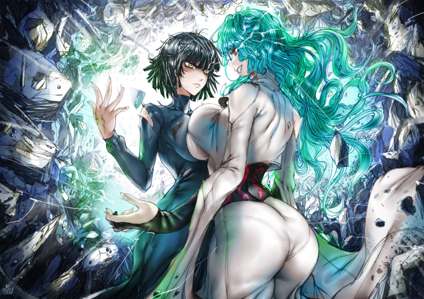 2girls, absurdres, angry, ass, asymmetrical_docking, bare_shoulders, black_hair, breast_contest