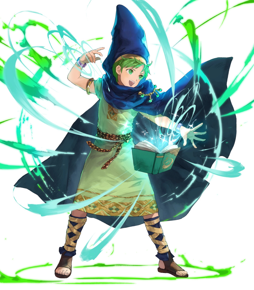 1boy, belt, book, bracelet, cape, fire_emblem, fire_emblem:_mystery_of_the_emblem, fire_emblem_heroes, full_body, green_eyes, green_hair, highres, hood, jewelry, leaf, magic, mayo_(becky2006), merric_(fire_emblem), official_art, open_mouth, sandals, solo, teeth, transparent_background