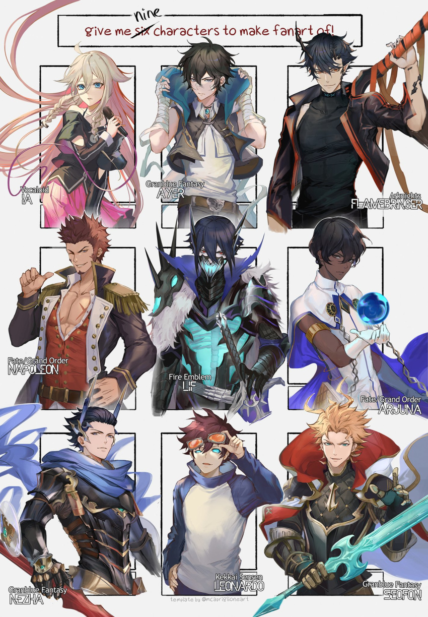 1girl, 6+boys, abs, ahoge, arjuna_(fate/grand_order), arknights, armor, ayer