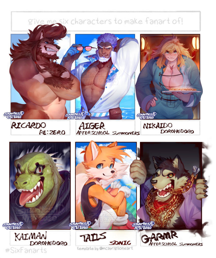 1girl, 5boys, abs, aegir_(tokyo_houkago_summoners), animal_ears, bara, beard, blonde_hair