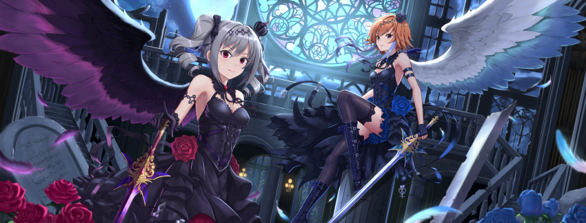 2girls, angel_wings, arm_strap, black_bow, black_dress, black_gloves, black_legwear, black_wings