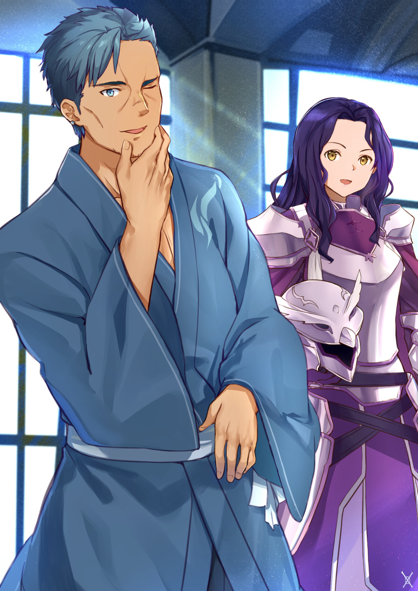 1boy, 1girl, :d, absurdres, armor, armored_dress, asymmetrical_bangs, bangs