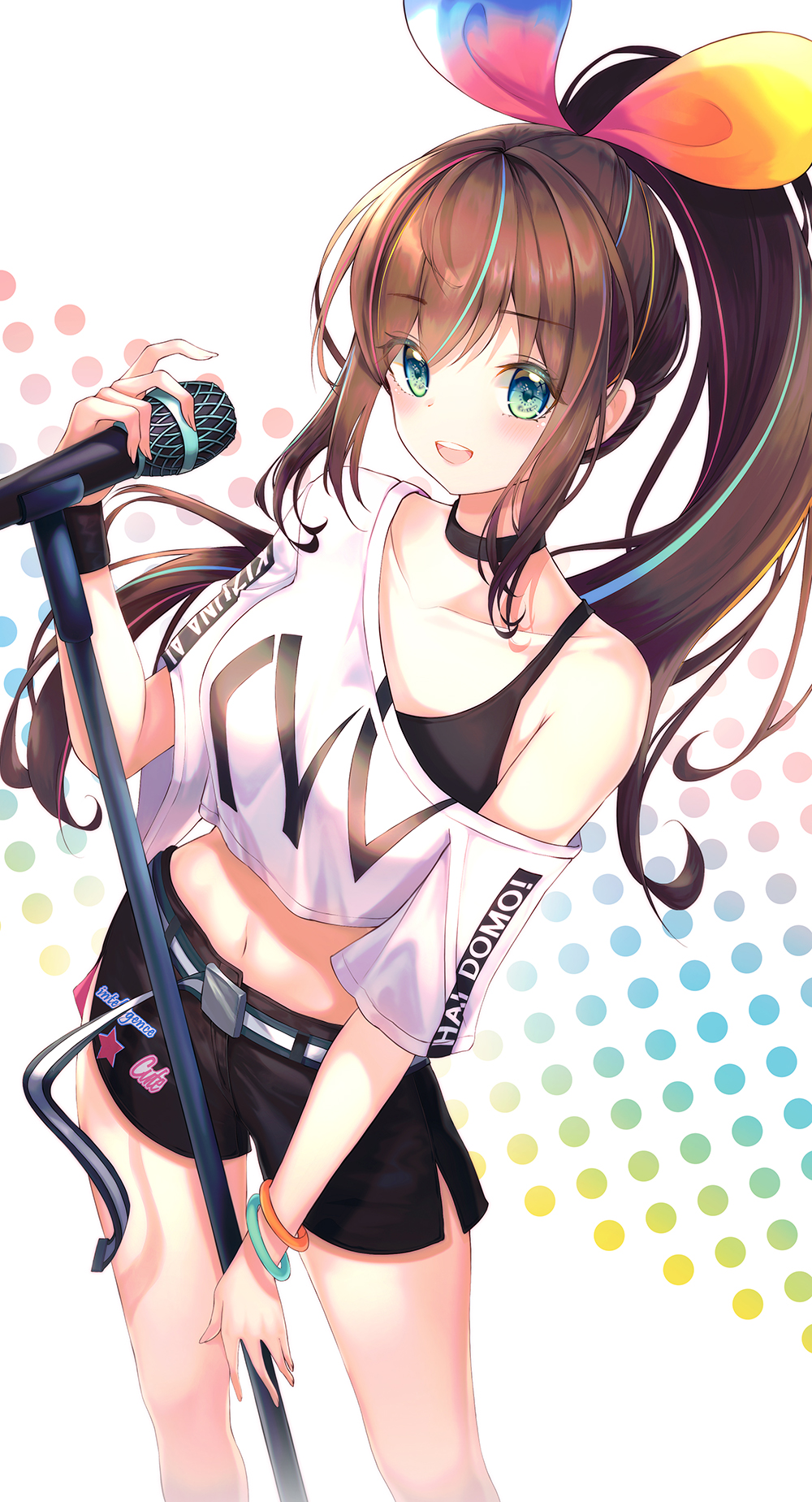1girl, :d, a.i._channel, bangs, belt, black_shorts, blue_eyes, blush