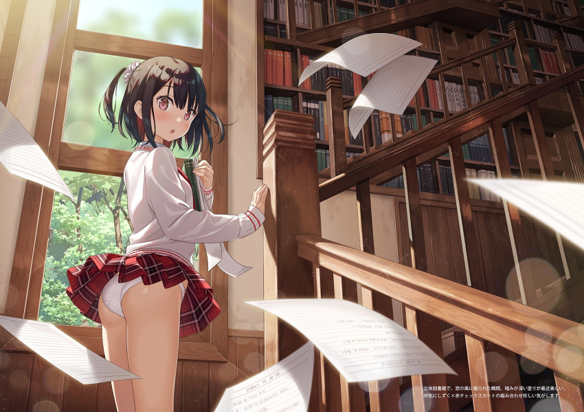 1girl, :o, ass, banister, bare_thighs, book, bookshelf, brown_hair