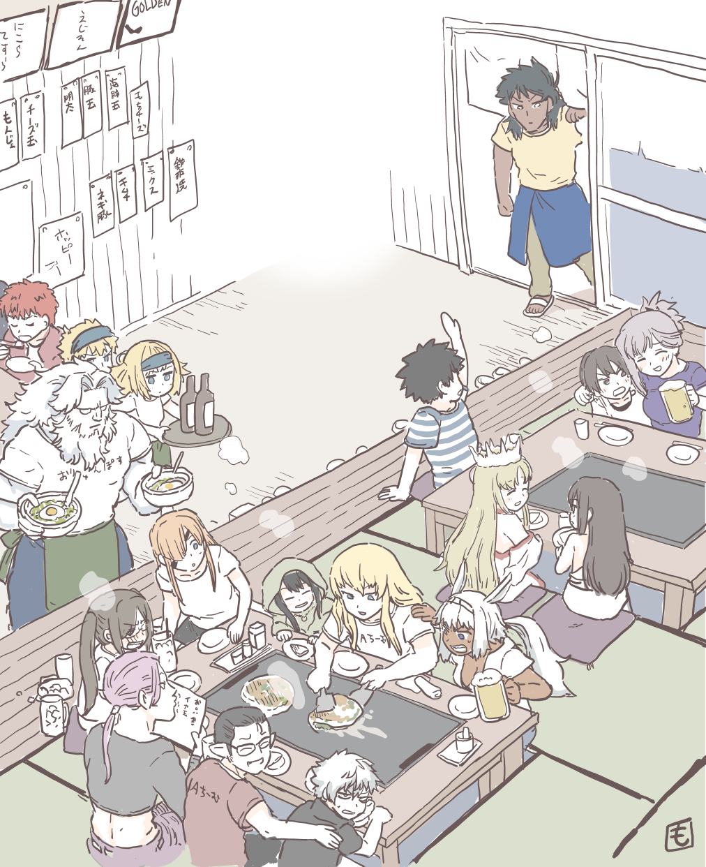 6+boys, 6+girls, adele_(fate), akuta_hinako, asymmetrical_hair, bara, beard, beryl_gut