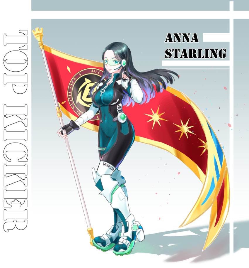 1girl, anna_starling, bangs, black_gloves, black_hair, blue_background, bodysuit, boots, breasts, character_name, collarbone, commentary_request, covered_navel, earpiece, english_text, fingerless_gloves, flag, floating_hair, full_body, glasses, gloves, gradient, gradient_background, green_bodysuit, hand_up, high_heel_boots, high_heels, highres, holding, holding_flag, kick-flight, kotosuzu, large_breasts, long_hair, looking_at_viewer, parted_bangs, shadow, sidelocks, simple_background, skin_tight, solo, standing, unmoving_pattern, white_background, white_footwear