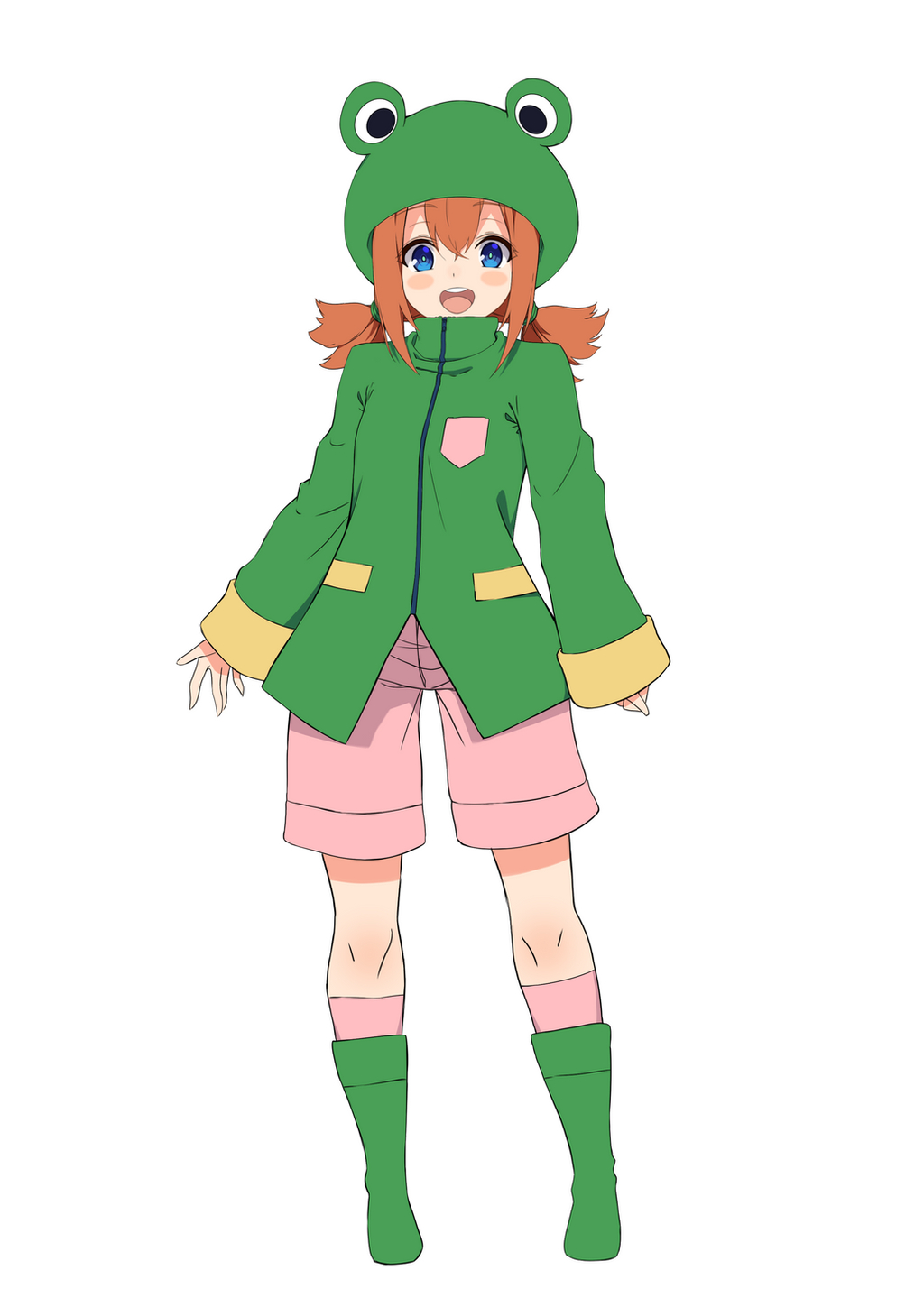 1girl, blue_eyes, blush, boots, eyebrows_visible_through_hair, full_body, green_footwear, green_hoodie, highres, knee_boots, kneehighs, long_sleeves, looking_at_viewer, minecraft, open_mouth, orange_hair, pink_legwear, pink_shorts, rana_(minecraft), ryan_edian, short_hair, short_twintails, shorts, simple_background, smile, solo, twintails, upper_teeth, white_background